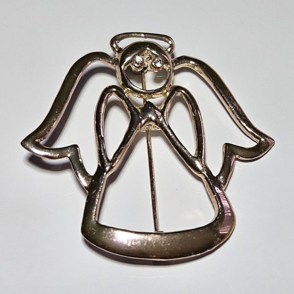 Vintage Angel Brooch Pin Gold Tone Rhinestone eyes Outline Signed AAI